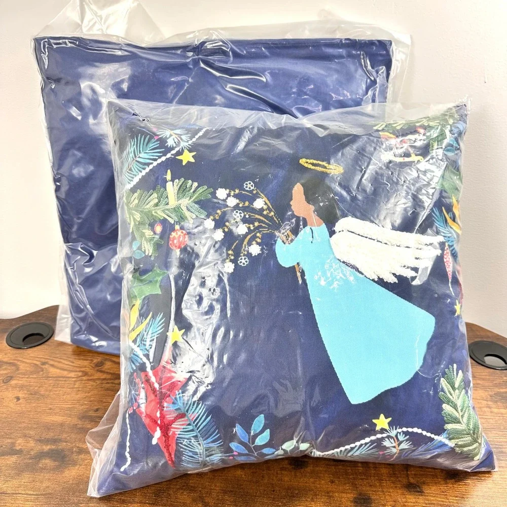 Set of 2 -Light Up‎ Angel Christmas Pillow Navy Blue Holiday Decor 18x18